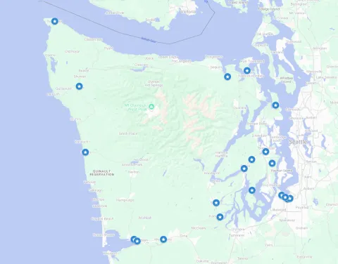 Map of Washington's 6th Congressional District with dots on the place representing where the CPF projects are located.